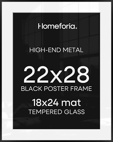 Image of Homeforia 22x28 Poster Frame Black, High End Metal 22 x 28 Large Picture Frames with Mat 18 x 24 for Photo, 22x28 Thin Frame Matted to 18x24 inch Print, 28x22 Frame, Tempered Glass, Wall Kit, Set of 2