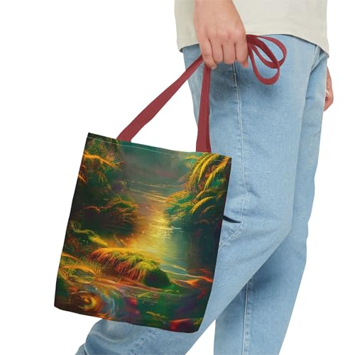 JujuVibe “Psychedelic River” Tote Bag – All-Over Tropical Stream Print, Spun Polyester Shoulder Bag, 13"×13", Color Handles3