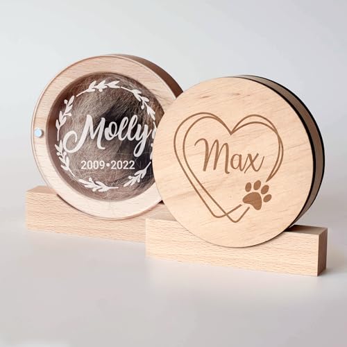 Image of Personalized Pet Hair Keepsake Box for Dog and Cat Fur - Engraved Wood Memorial Box - Unique Customized Gift for Loss of Furry Friend Wooden (Light Round Wood /Acrylic Lid)