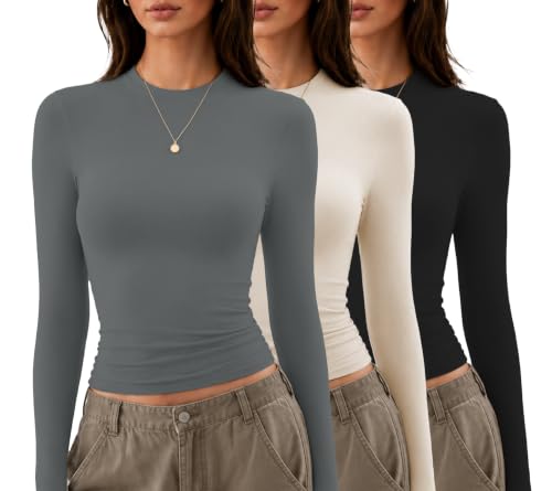 SHAPUM Women's 3 Packs Long Sleeve Shirts Basic Crewneck Slim Fitted Tops