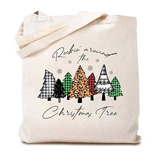 TSIIUO Women's Leopard Buffalo Plaid Christmas Tree Canvas Tote Bag Retro Merry Xmas Reusable Shopping Bag Funny Gift White