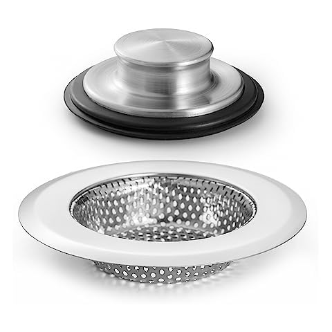 CORNERJOY 4.5 Inch Diameter Rim Heavy Duty Stainless Steel Kitchen Sink Basket Strainer and 3.38" Diameter Stainless Steel Kitchen Sink Stopper(Pack of 2) Cover