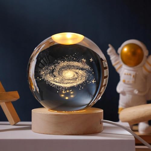 Image of 3D Galaxy Crystal Ball Night Lamp, Creative Engraved Crystal Ball Night Light, USB Table LED Wooden for Home Office Decoration Birthday Gift Adults (Galaxy)(Warm White)
