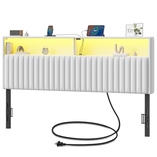 Rolanstar Headboard for King Size Bed with Storage Head Board with USB & Type C Port 60 000 DIY Color of LED Light Velvet Upholstered Height Adjustable Sturdy Easy Assembly White