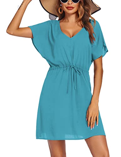 Image of Ekouaer Womens Swimsuit Coverup Short Sleeve Beach Cover Up Dress V Neck Bikini Beachwear