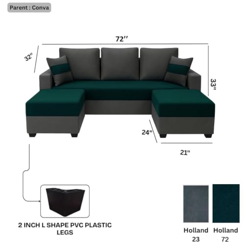 Image of FURNY Aura 5 Seater L Shape Sofa Set with 2 Movable Ottoman | Flexible Left or Right Layout | Plush Velvet Fabric (Greenish Teal-Dark Grey) | Perfect for Living Room, Guest Room & Office