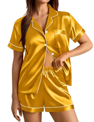 Image of SWOMOG Womens Silk Satin Pajamas Set Short Sleeve Sleepwear Button Down Top and Shorts Loungewear 2 Piece Pjs Set XS-3XL