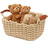 Aufbewahrungskorb Geflochten, Waschbar und Faltbar, Körbchen mit Ledergriffen, Aufbewahrungs box ideal für Accessoires, Kosmetika, das Badezimmer (Braun, L33*W22*H15CM)