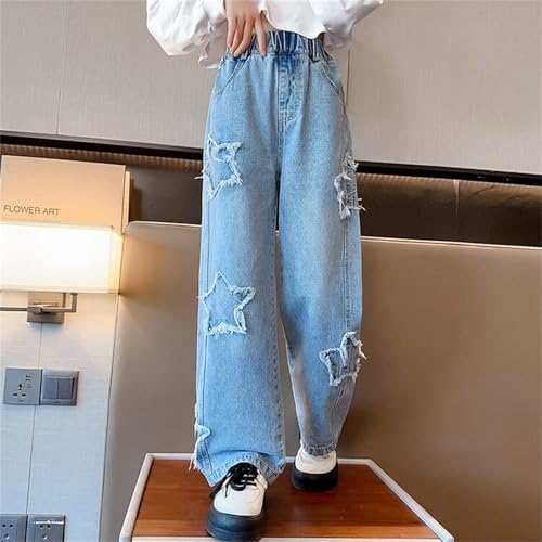 Girls Causal Straight Denim Trousers Star Print Distressed Denim Pants Elastic Waist Baggy Wide Leg Jeans Ripped2