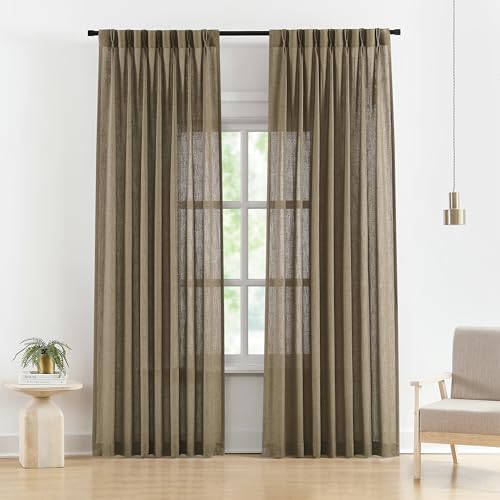 Image of Vision Home Brown Pinch Pleated Semi Sheer Curtains Textured Linen Blended Light Filtering Window Curtains 108 inch for Living Room Bedroom Pinch Pleat Drapes with Hooks 2 Panels 9ft 40 inch Wx108 L