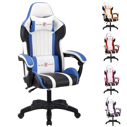T-THREE.Ergonomic Leather Gaming Chair Height Adjustable with Headrest and Lumbar Support(Blue)