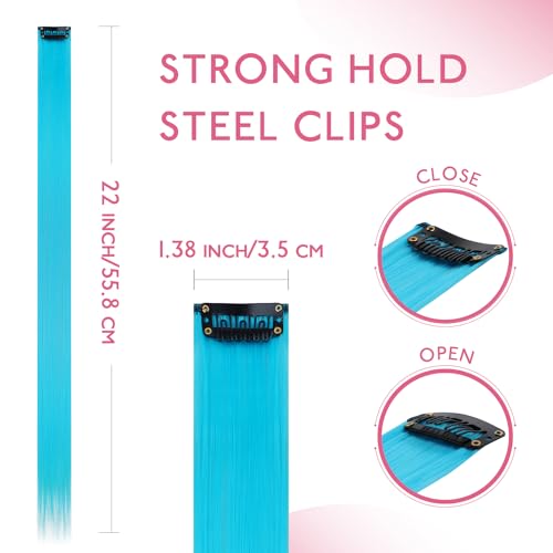 Image of WENNALIFE 12 PCS Sky Blue Hair Extensions Clip in, Colored Clip in Hair Extensions for Kids Highlights Rainbow Hair Clips for Girls Synthetic Straight Pop-up Style Colorful Girls Hair Accessories