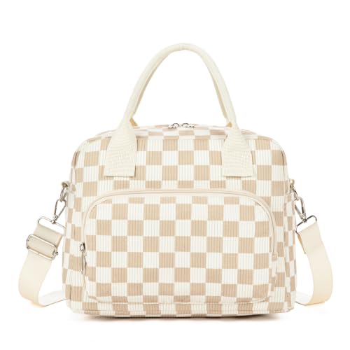 Image of LOVELYWIND Large Insulated Lunch Bag For Women, Brown White Lunch Box 12L | Large Shoulder Strap Lunch Tote With Insulated Lining; Stylish Look For Work, School, Picnic, And Organized Meals.