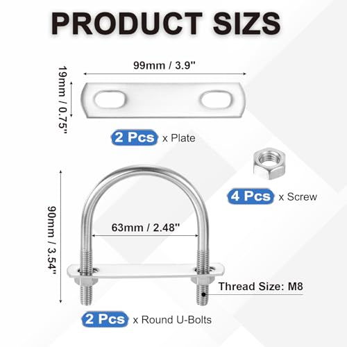 Image of PATIKIL Round U-Bolts, 2 Pcs 2.48 inch(63mm) Inner Width 90mm Length M8 with Nut Plate Washer 304 Stainless Steel Round Bend U-Bolts for Boat Trailer Axle Sailboat