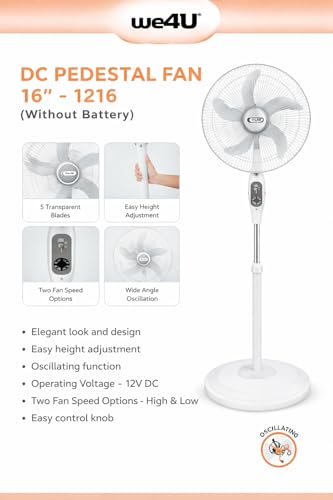 Image of Prabha We4u 16 Inch 12V DC Pedestal Fan with Oscillation & Height Adjustable, Works on any 12V DC Battery and Solar Panel, Without Battery Set of 1