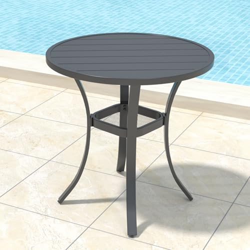 Image of Anmutig 3-Piece Outdoor Dining Set, Small Metal Bistro Table with 2 Stackable Sling Chairs, 27.5 x 27.5 Inch Round Table, Black Fabric