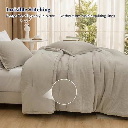 Image of PHF Cotton Muslin Comforter Set King - 100% Cotton Cover, Ultra Soft & Breathable, 3PCS Lightweight All-Season Bedding with Polyester Fill, 1 Comforter 104 inchx90 inch & 2 Pillow Shams 20 inchx36 inch, Taupe