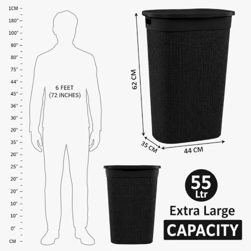 Image of KITCHIVO Plastic Large 55 Ltr Laundry Basket with Lid & Handle | Multipurpose Hamper Bins Storing Washable Clothes, Blankets | Household Ideal for Home & Bathroom (Woods Black)