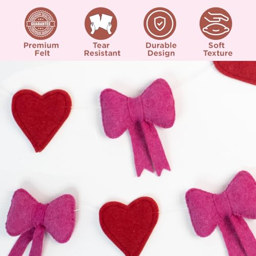Image of Folkulture Valentine Felt Garland Banner for Home Decor | 72 inches Heart & Bow Hanging Garland for Valentine's Day Decorations, Bedroom Decor, Wall Decor, Party Decorations & Anniversary Room Decor