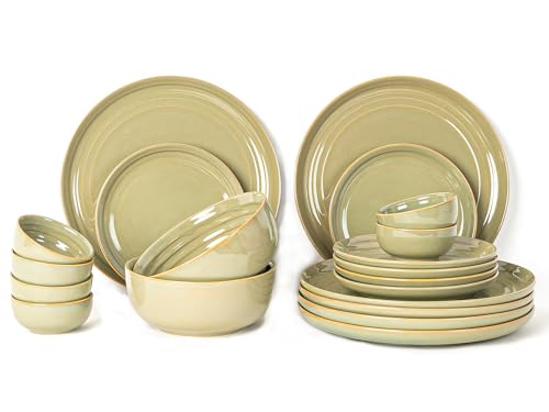 Image of Bodhi House Handcrafted Chip Resistance Porcelain Dinner Set, 20 Pieces Dish Set Serving for 6, Microwave and Dishwasher Safe, Bone-ash Free, Crockery Set for Dining and Gifting, Olive Green