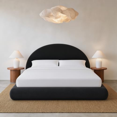 Image of RECCI AirFrame Half-Moon Upholstered King Platform Bed Frame | Velvet Curved Arched Base, 6-Inch Thickness Headboard, 5 Inch Fully Round Cushioned Foam, No Box Spring Needed, Easy Assembly
