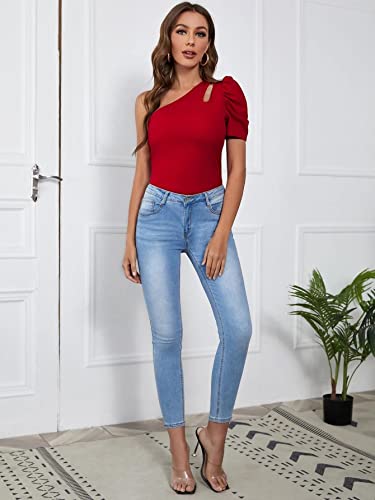 Image of Rare One Shoulder Cut-Out Puff Sleeve Top Maroon