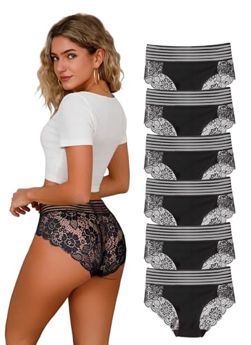 Hialegion Brasileñas Mujeres de Encaje Negro de Corte Alto Bikini,Elásticas,Transpirables y Ancho,Pack de 6 L