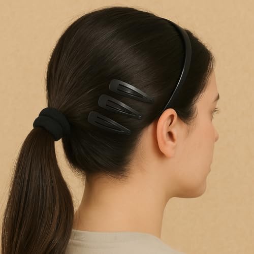Image of Elcaro Hair Accessories Set - Black Headbands (3 pcs), Hair Ties (20 pcs), Tic Tac Clips (12 pcs), Complete Hair Care Set for School Girl, Office Women, Gymnastics