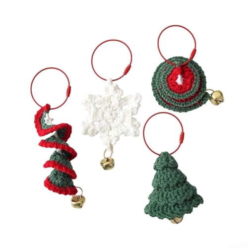 HEBEOT Lot de 4 décorations de sapin de Noël tricotées à la main en fil de laine douce à suspendre pour voiture, rétroviseur, porte, mur, porte-clés, sac à dos, fête de vacances, vert, rouge, blanc