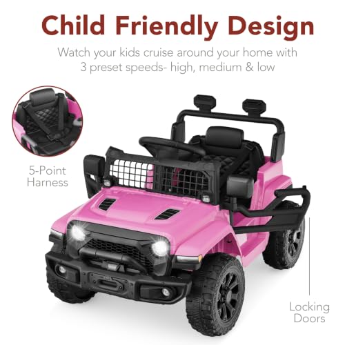 Image of Best Choice Products 12V Kids Ride On Truck Car w /Remote Control, Electric Ride On Car for Toddlers 3-5, Battery Powered Ride On Toy w /LED Lights, 4-Wheel Suspension, Safety Harness - Blush Pink