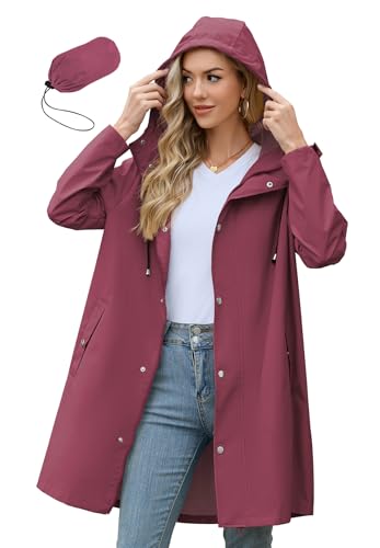 Zando Lightweight Rain Coats for Women - Packable Raincoat Rain Jacket Women Waterproof Long Womens Rain Coat Windbreaker Jacket for Outdoor Commuting Hiking Casual Gifts Wine Red L