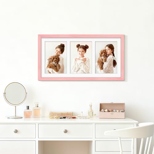 Image of DUENPY 8x16 Collage Picture Frame 5x7 Collage Picture Frame Displays Three 5x7 inch Photos or 8x16 (Without Mat) for Available Horizontal Wall Mounting Display and Vertical Pink