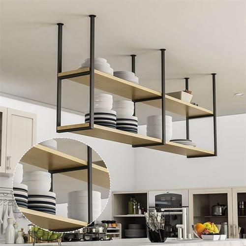 Étagère flottante de plafond à 2 couches en bois et métal noir pour bar et cuisine 150x30x80cm - 3