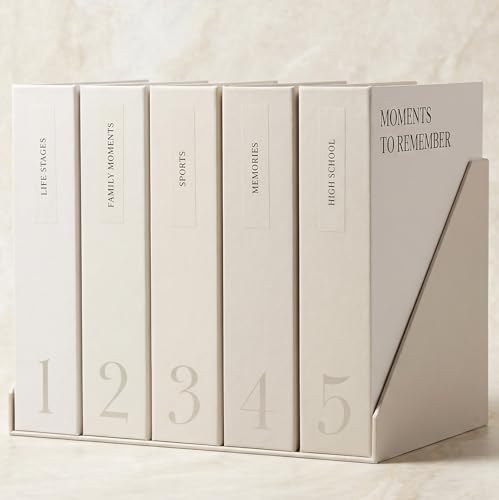 ZICOTO Decorative Photo Storage Box Set of 5 - Sturdy Photo Organizer Boxes with Dividers and Pre-Printed Labels to Keep Your Precious 4x6 Pictures Beautifully Organized on Your Shelf