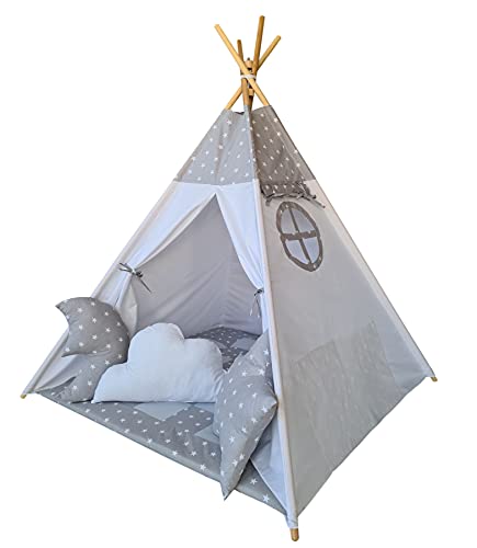 Tenda in 100% cotone. Dimensioni: base tipipi: 120 x 120 cm, altezza dopo l'apertura: 145 cm, colore: grigio, bianco, vedi foto