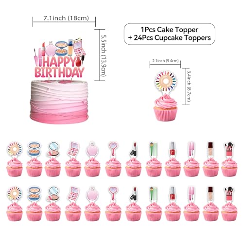 Image of Makeup Spa Birthday Decoration Set, Pink Cute Beauty Happy Birthday Banner, Party Supplies with Banner, Hanging Swirl, Balloon, Cake Topper, Cupcake Topper