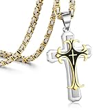 MEALGUET Stainless Steel Two-Tone Cross Pendant Necklace with Byzantine Chain for Men Boy