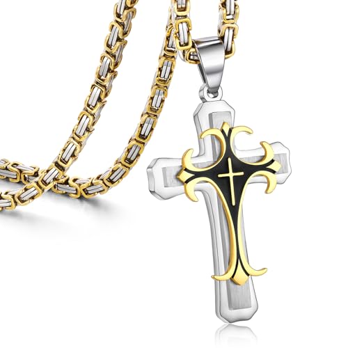 MEALGUET Stainless Steel Two-tone Cross Pendant Necklace with Byzantine Chain for Men