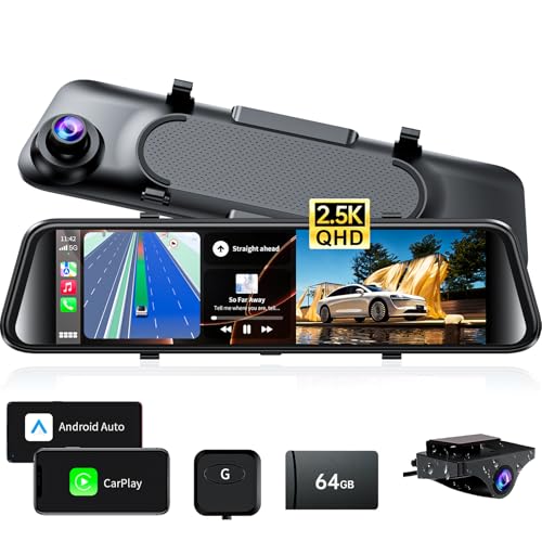 2.5K Mirror Dash Cam with Carplay Mirror & Android Auto, Dash Cam Front and Rear with Zoom Function,12 inches Rear View Mirror Camera with Voice Control/BT Call/64GB Card Included-JOMISE K17 Pro