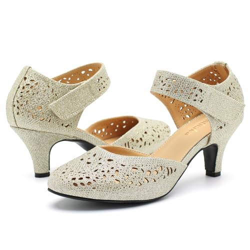 Image of Women's Comfortable Mary Jane Pumps Vintage Cutout Closed Toe Kitten Heels for Dressy Office Work