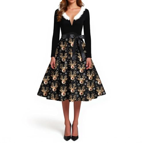 Weihnachtskleid Lustig Wichtel Schleife Women Velvet Dresses for Women Familie Langarm Accessoires Sexy Weihnachtsoutfit Damen Strick Funny Kleider...