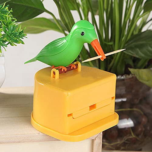 Woodpecker Toothpick Dispenser Little Bird Push-type Automatic Toothpick Holder with a Toothpick Box Portable Plastic Kitchen Decoration 1PCS (Yellow & Green)