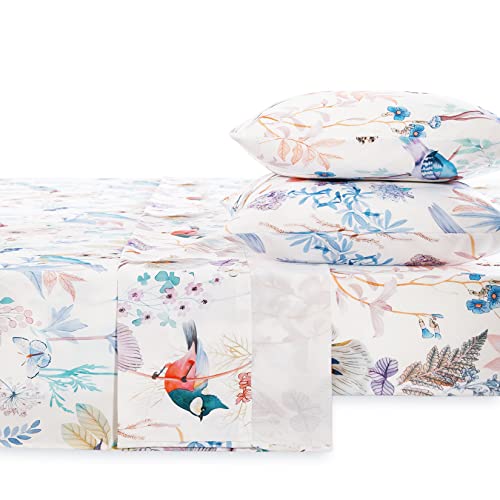 Wake In Cloud - Bird Sheet Set, Colorful Floral Flowers Leaves Botanical Plant Pattern Printed On White, Soft Microfiber Bedding (4Pcs, Queen Size) #TOP1
