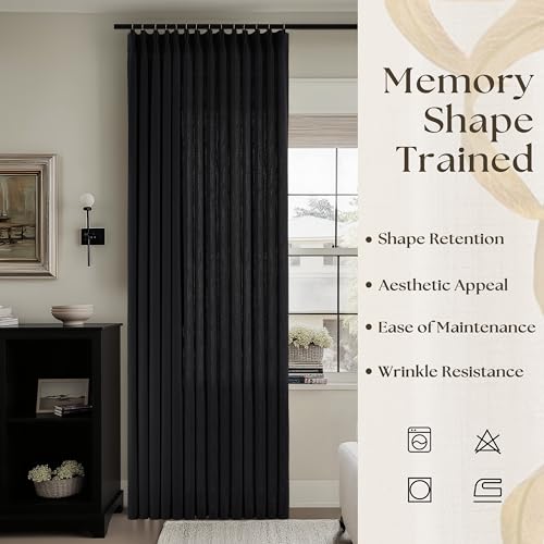 Image of Black Semi Sheer Pinch Pleated Linen Curtains 63 Inch Long for Bedroom