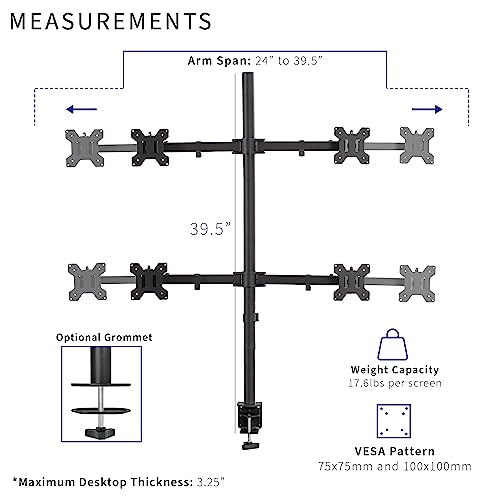 Image of VIVO Premium Quad Ultra Wide LCD LED 27 to 38 inch Monitor Desk Mount, Heavy Duty C-clamp, Extra Tall Pole, Adjustable Telescoping Arms, Flush Wall Setup, Fits 4 Screens, Black, STAND-TS38C-4