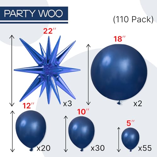 Image of PartyWoo Navy Blue Star Balloons 110pcs Different Sizes 18 12 10 5 Inch Pack 22 Inch Navy Blue Spike Star Explosion Foil Mylar Balloon Arch Kit for Birthday Baby Shower Party Decorations Blue-Z90