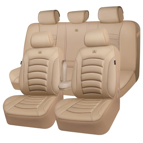 CAR PASS 3D Foam PU Leather Car Seat Covers, Universal Seat Covers Full Sets for Trucks SUV Sedan Automotive Seat Covers Armrest Airbag Compatible Waterproof Comfortable Faux Nappa Leather All Beige