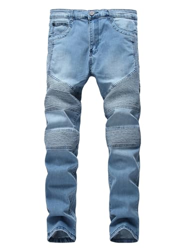 Men's Pleated Elastic Distressed Jeans with Patchwork Motorcycle Straight Leg Wear Resistant Pants