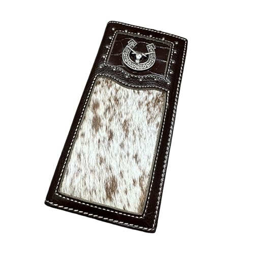 Men’s Long Leather Wallet – Hand Tooled Brown Rodeo Bifold with Hair-On Cowhide and Silver Longhorn Concho – Western Checkbook Wallet for Cowboys & Ranch Gifts