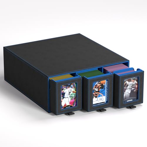 Trading Card Storage Box, 3-Row Slide-Pull Card Case with Stackable Design & 15 Dividers, Commander Display Card Organizer Holder for MTG, Pkmn, YuGiOh, TCG and Sports Cards, Holds 2500+ Cards (Blue)